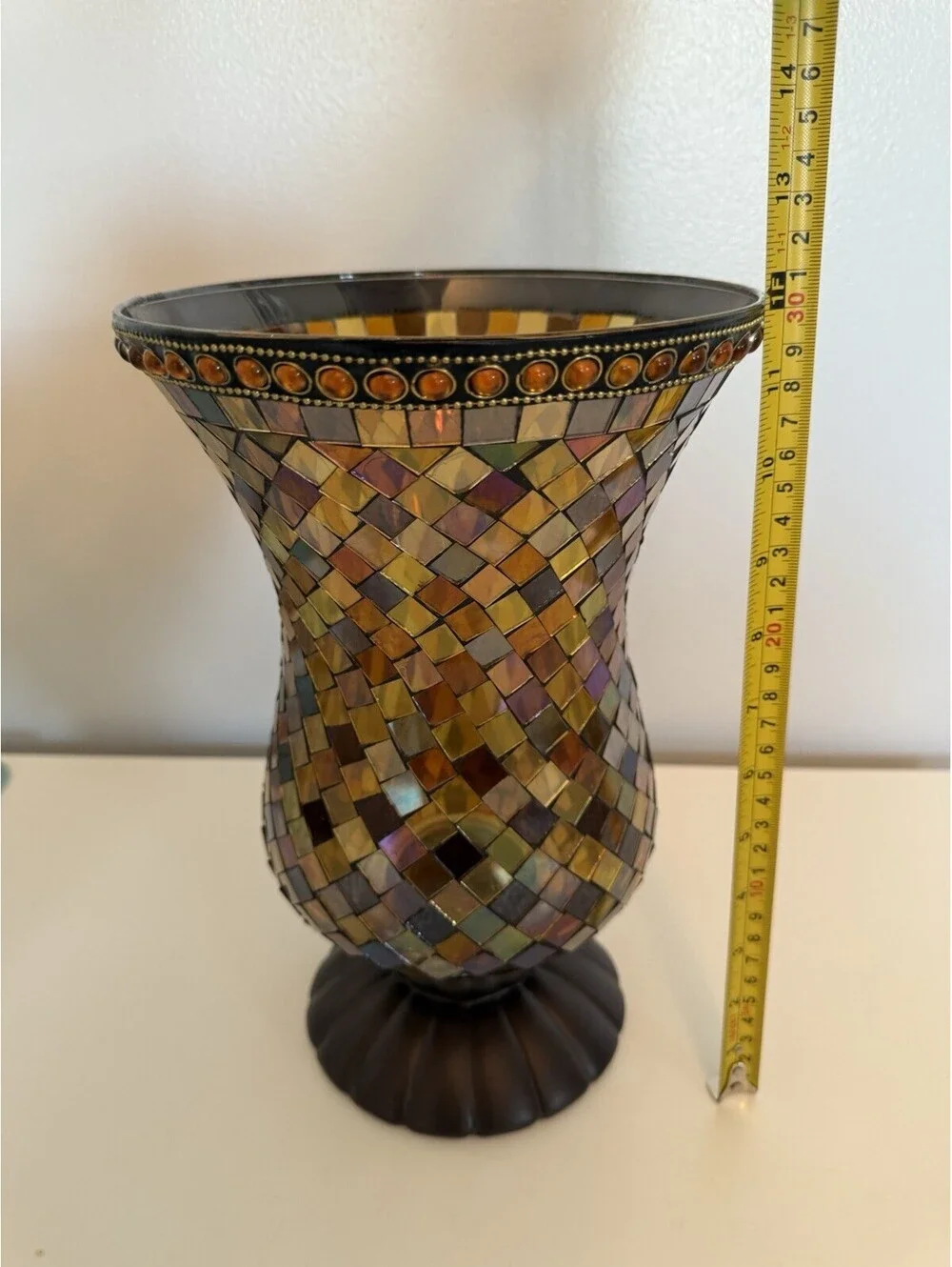 Partylite GLOBAL FUSION Hurricane Mosaic Glass Candle Holder 12” Tall EUC P8366